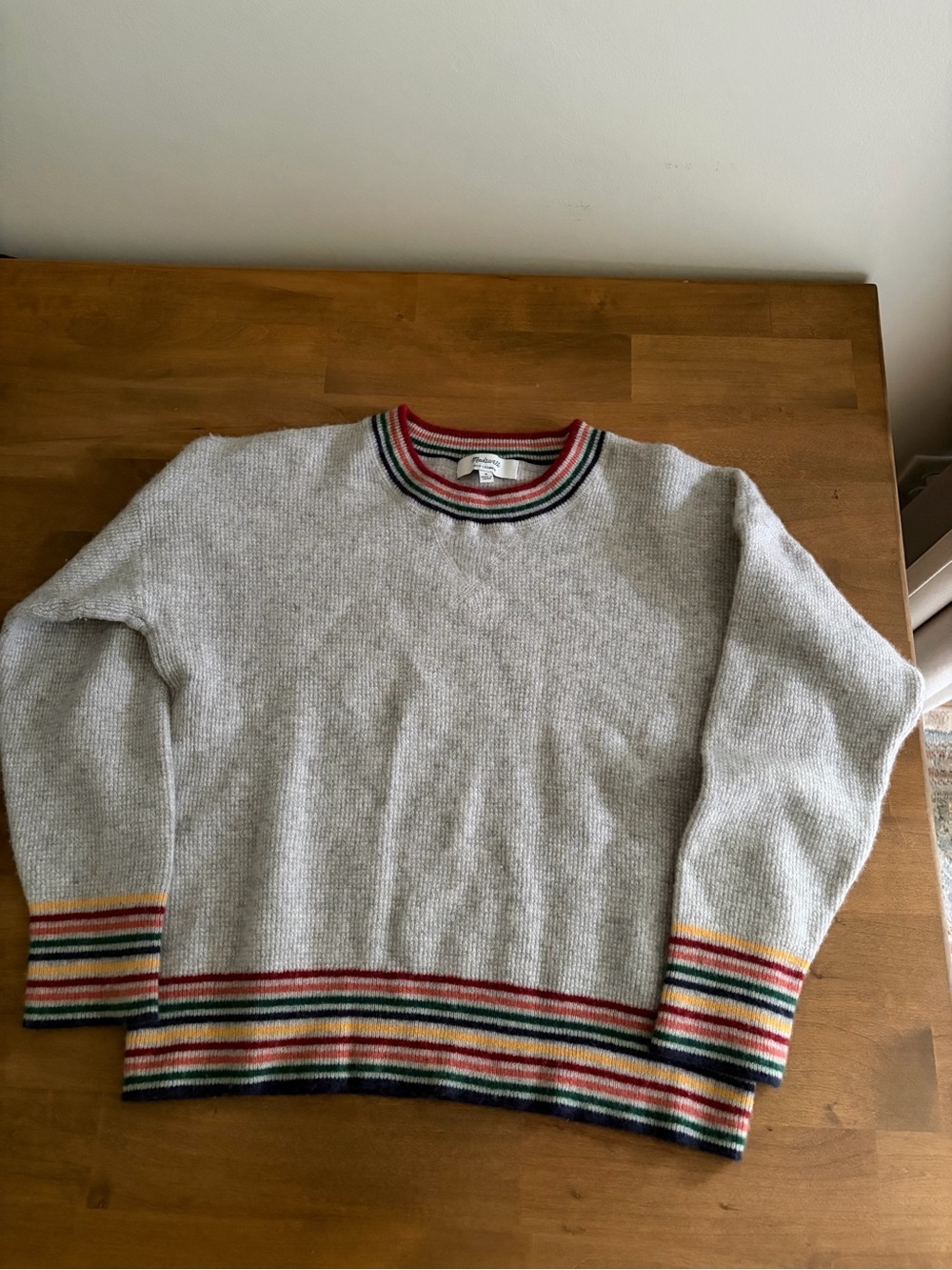 Madewell 100% Cashmere Rainbow Striped Trim Crewneck Sweater Heather Gray M